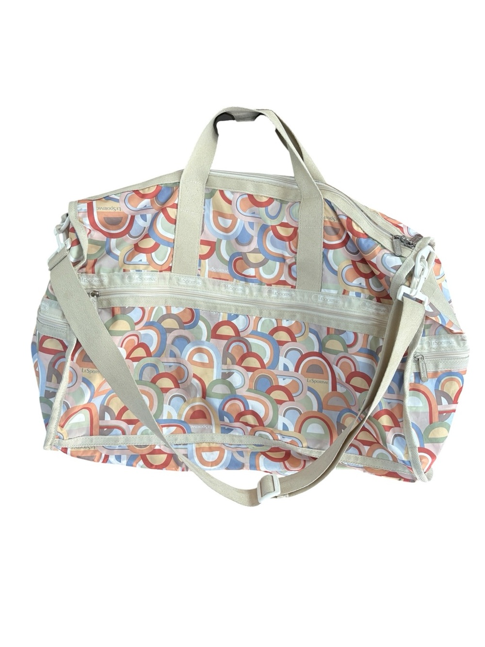 Le Sport Sac Geometric Print Multicolor Weekender Duffel Bag w/ Crossbody Strap